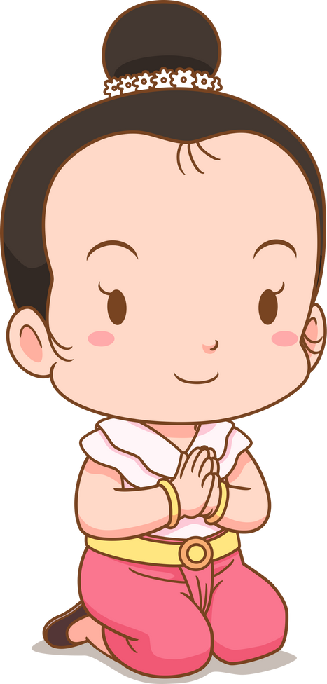 Cartoon Thai girl in traditional costume, putting hands together for Sawasdee.