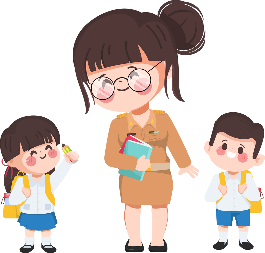 Cute cartoon teacher woman and student children.